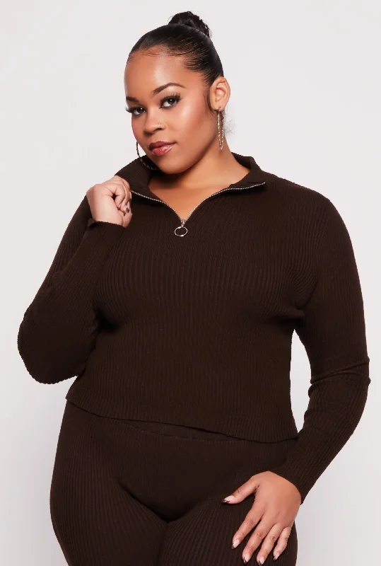 Plus Size Ribbed Knit Zip Neck SweaterRetro Knit Tops