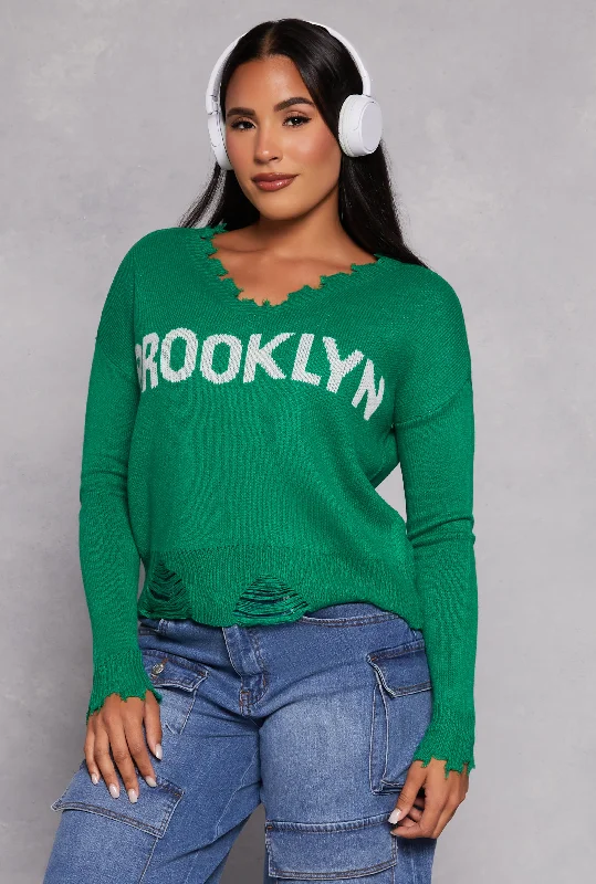 Brooklyn Graphic Distressed V Neck Sweater