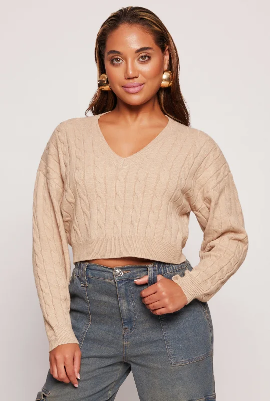 Cable Knit V Neck Cropped Sweater