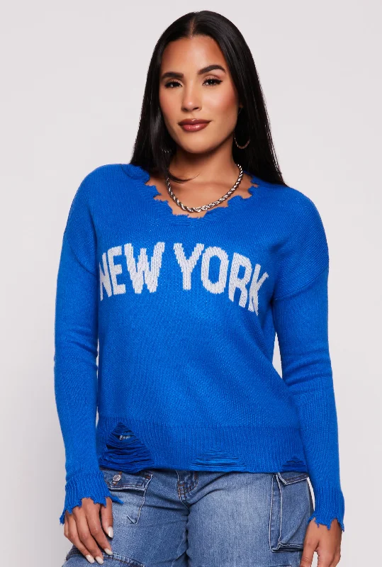 New York Graphic Distressed V Neck Sweater