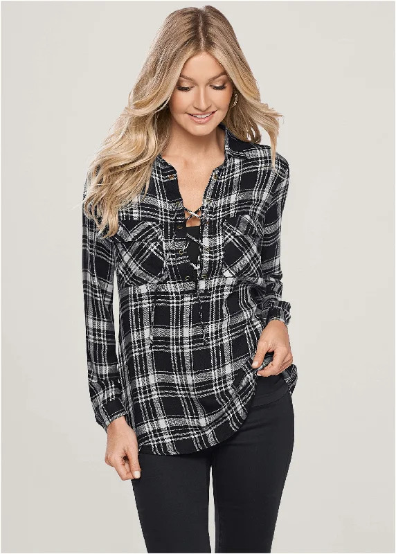 Plaid Lace-Up Top - Black MultiArtist Knit Tops