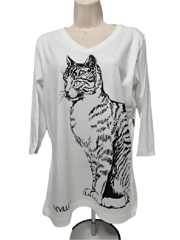 Shirt 3/4 Sleeve V-Neck  Cat Tails - Black on White   LQV    Ladies Fit   Asheville, NC name drop