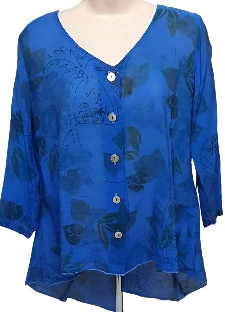 Blouse 3/4 Sleeve Botton Down Sheer Blue/Black Women's cmp-9818