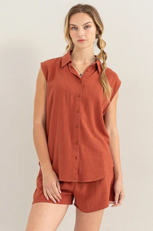 Linen Button-Down Shirt And Shorts Set