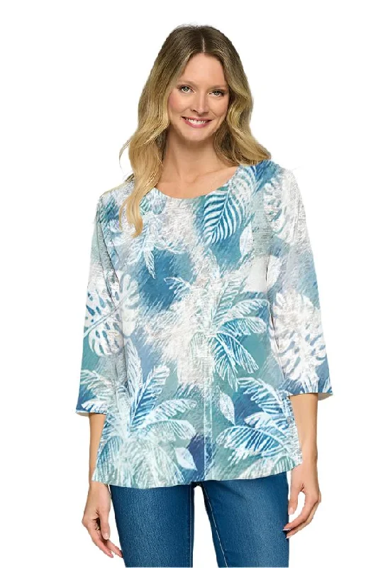 Shirt 3/4 Sleeve White/Blue Palm Leaves Honey c3140 968