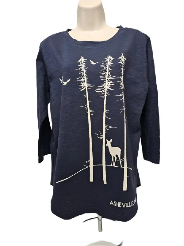 Shirt  3/4 Slub Hi-Lo  Deer on Twiggy  Natural on Navy  LQH    Ladies Fit  Asheville, NC name drop