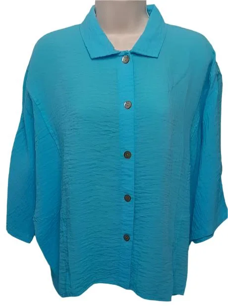 Shirt Button Front 3/4 Sleeve Blue  Women's 11002162