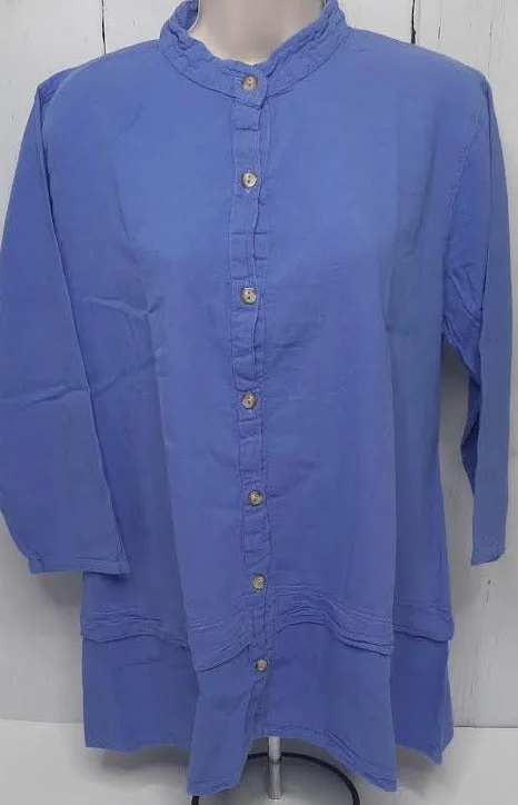 Shirt Button Front 3/4 Sleeve Blue Women's L0808