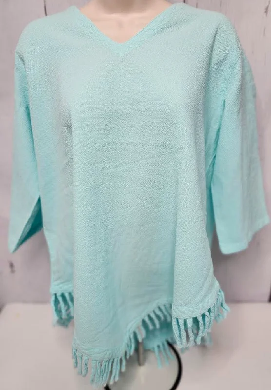 Shirt Pale Green 1/2 Sleeve V Neck Fringe Womens 449