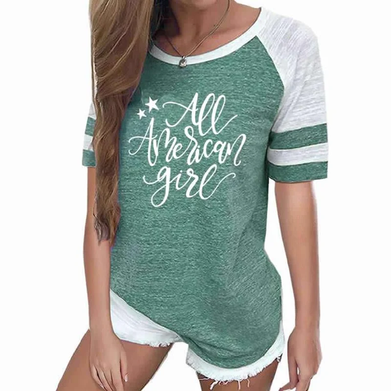 2022 Summer Women T-Shirt Stitching Color Funny Letters Print Tops T-Shirt Women O-Neck Cropped Tees Youth Girl Leisure T-shirt