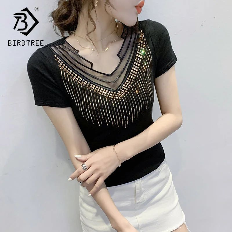 Black T-Shirt Women New V-neck Handmade Diamonds Beading Rivet Mesh Transparent Sexy Women Tops Tees Short Sleeve Summer T25504