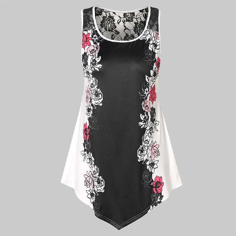 Rosegal Plus Size Lace Panel Floral Cropped Tank Tops Summer Scoop Neck Sleeveless Long T-shirts Camis Women Clothes 2019