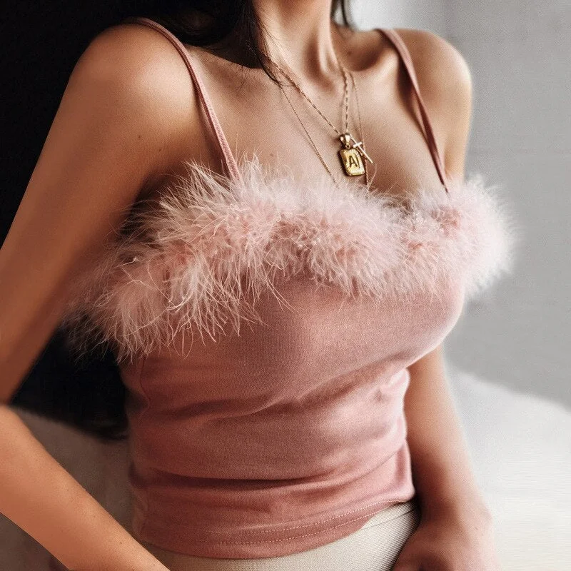 Stylish Fur Cropped Tops Women Sexy Strap Pink Fluffy Tee Shirt Party Club Ladies Casual Spaghetti Straps Short Crop Top