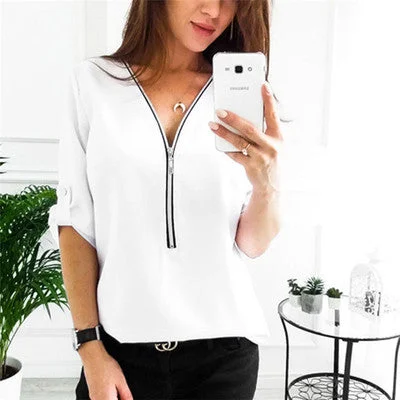 Womens t-shirts zipper girl fashion v-neck Casual Tops Shirt Ladies V Neck Zipper Loose T-shirt female blusas Tee Top