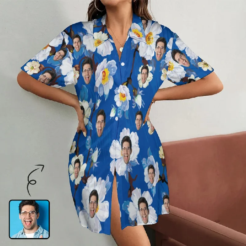 Custom Face Flower Blue Satin Nightgown For Women Silk Nightshirt Button Down Pajamas Dress Boyfriend Sleepshirt S-3XL