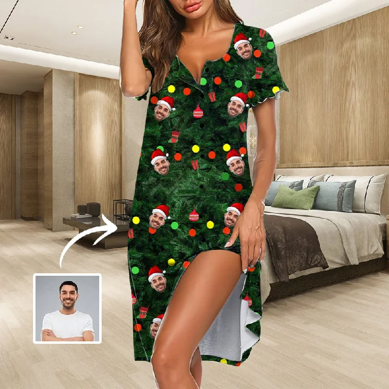 Custom Face Green Christmas Women's Nightshirt Short Sleeve Button Down Nightgown V-Neck Sleepwear Pajama Dress