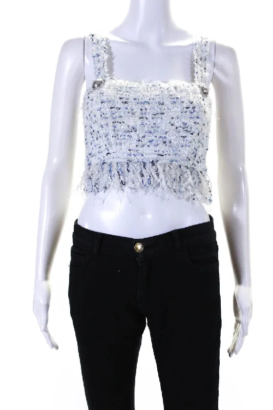 Balmain Womens Square Neck Tweed Fringe Crop Top White Blue