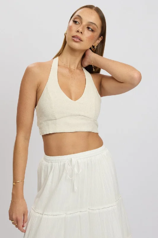 Beige Halter Crop Top Sleeveless Linen Blend