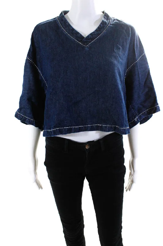 Bottega Veneta Womens Fluid Denim Chambray Top Stitched V-Neck Crop Top Blouse Blue