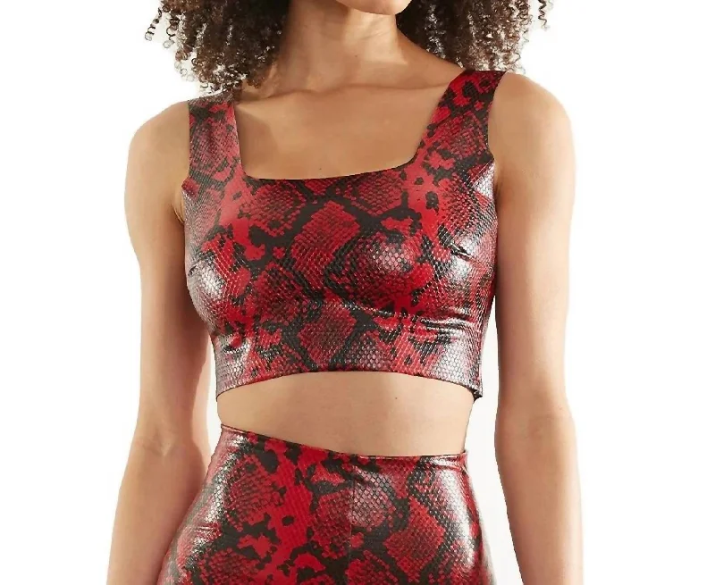 Faux Leather Animal Squareneck Crop Top In Red Snake