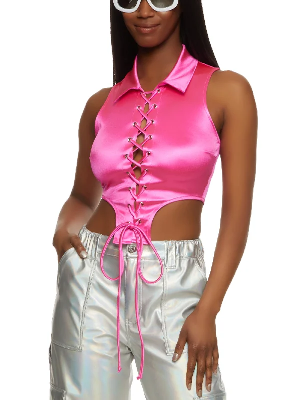 Satin Lace Up Collared Crop Top