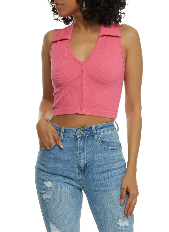 Seamless Rib Knit Collared Crop Top