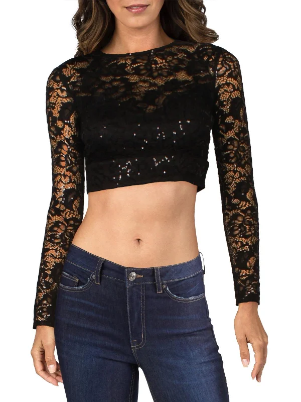 Juniors Womens Lace Sequined Crop Top