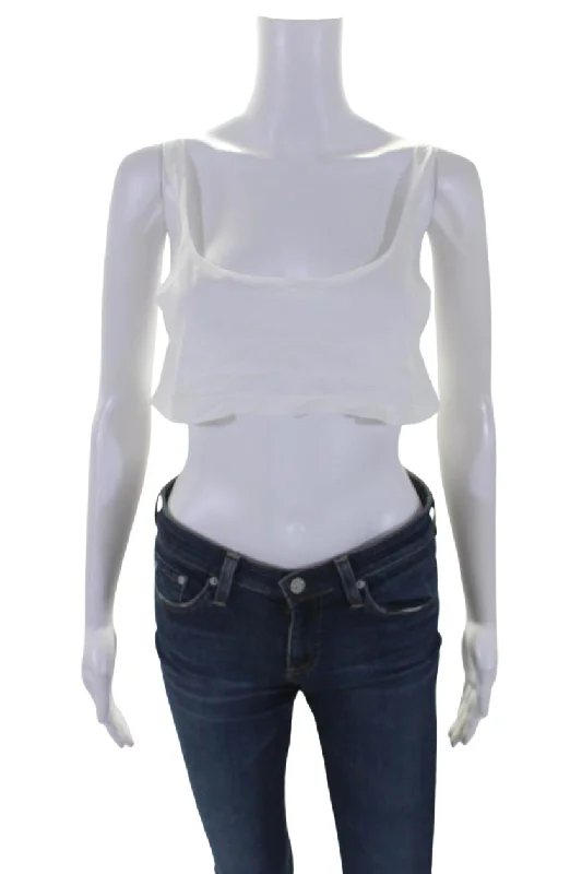 Prada Womens Sleeveless Scoop Neck Crop Top White Cotton