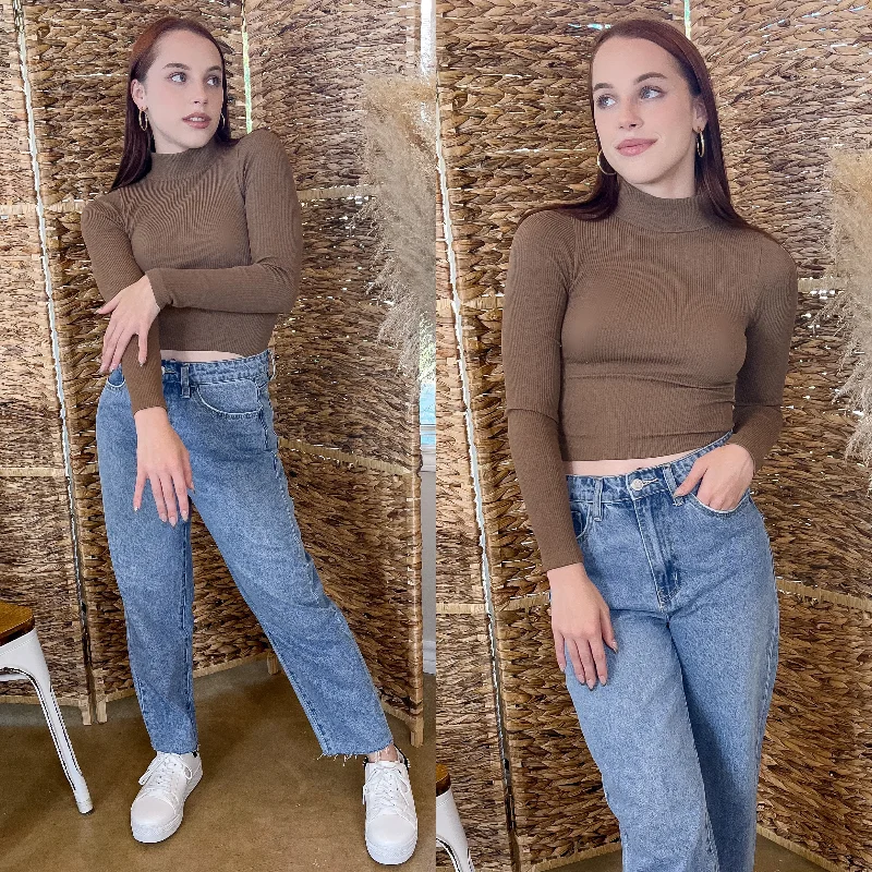 Up At Dawn Ribbed Mock Neck Long Sleeve Crop Top in Brown