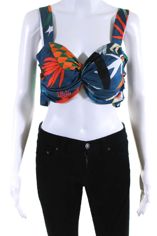 Sanne Womens Astronaut Space Motif Satin Crop Top Blouse Navy Blue Silk