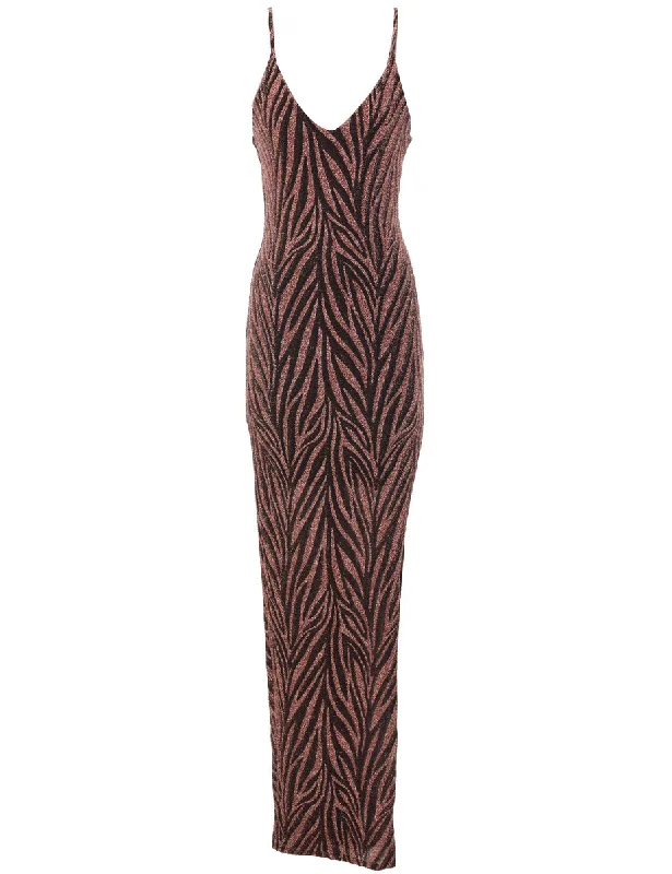 Lurex Thread Pattern Black & Brown Zebra Print Sparkly Evening Dress - S