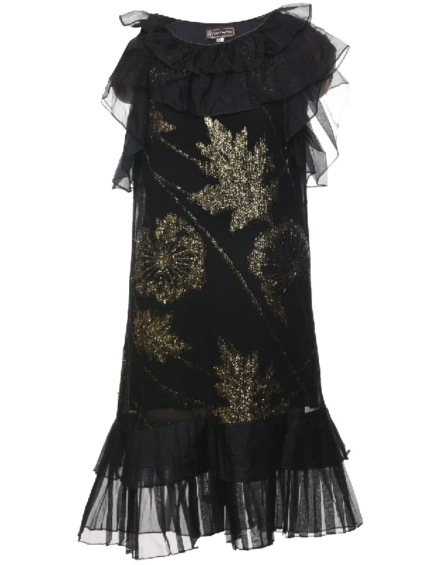 Lurex Thread Pattern Black & Gold Sparkly Ruffled Evening Dress - M